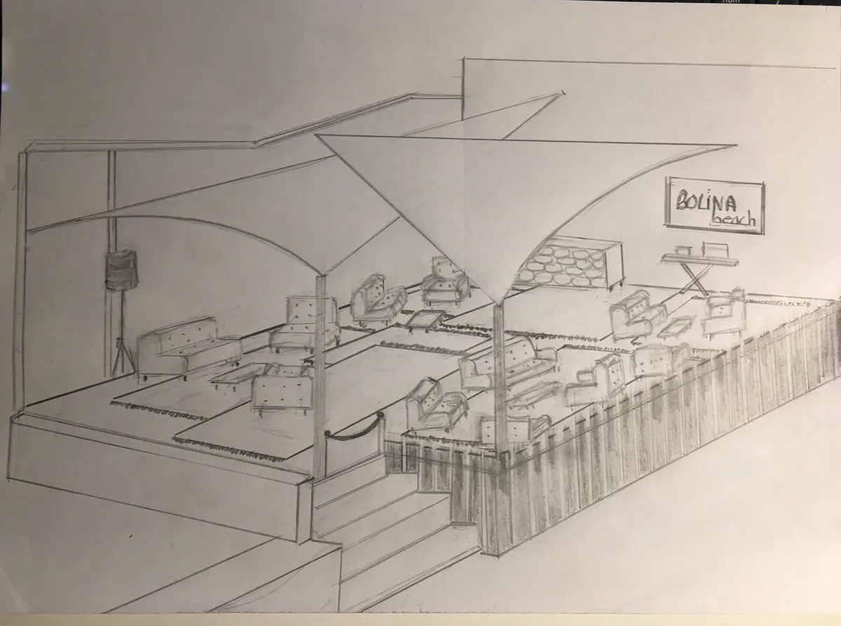 Croquis d'intention au crayon : la terrasse, ses voiles d'ombrage et ses salons