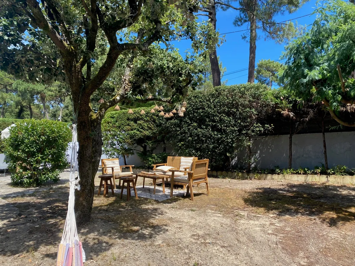 Jardin planté de pins, hamac et salon de jardin à l'ombre