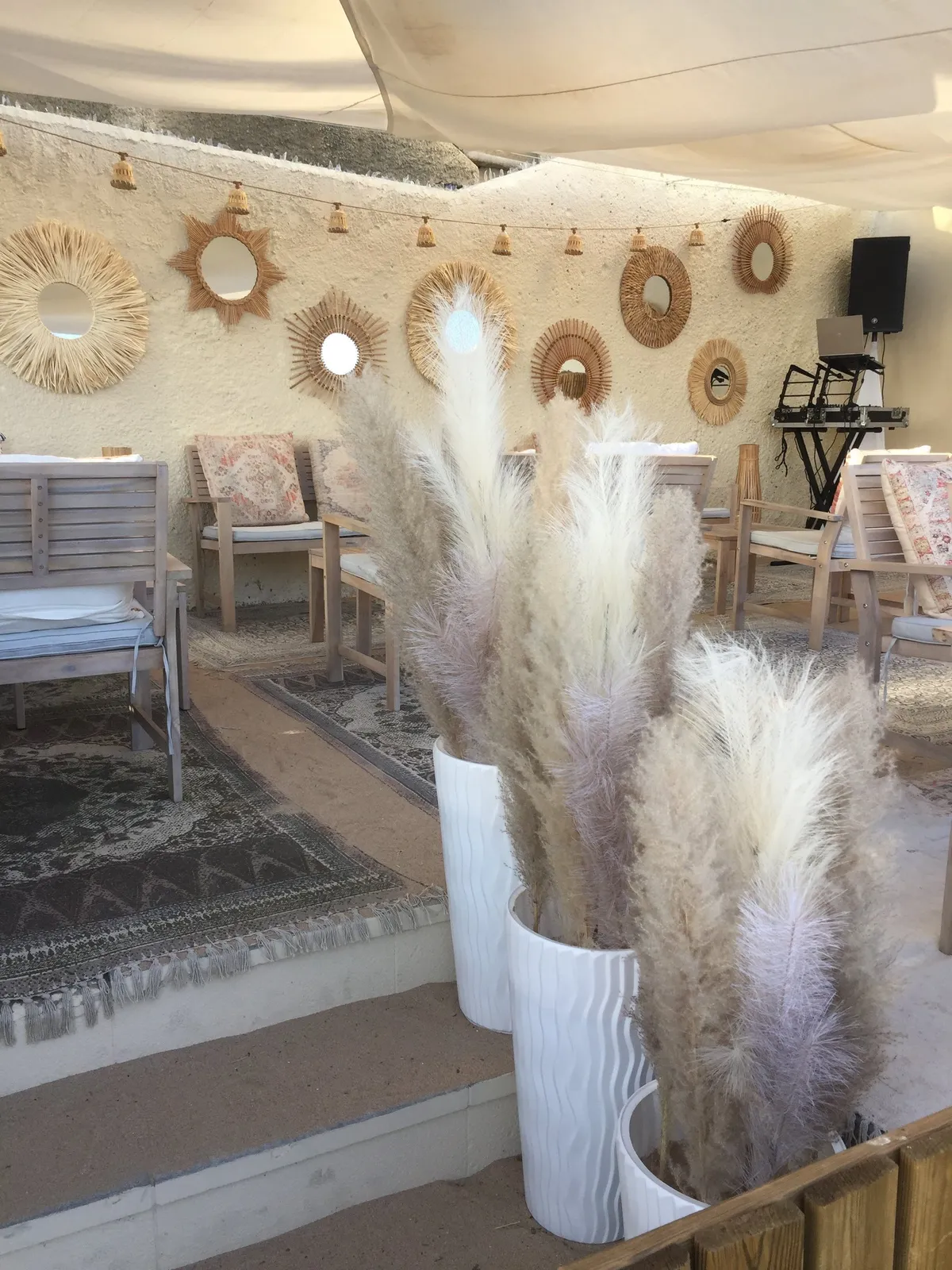 Gerbes d'herbes de la pampa devant un mur de miroirs en fibres naturelles